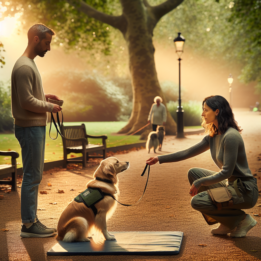 Trainer rewarding a calm dog passing a dog walker at a safe distance in a UK park
