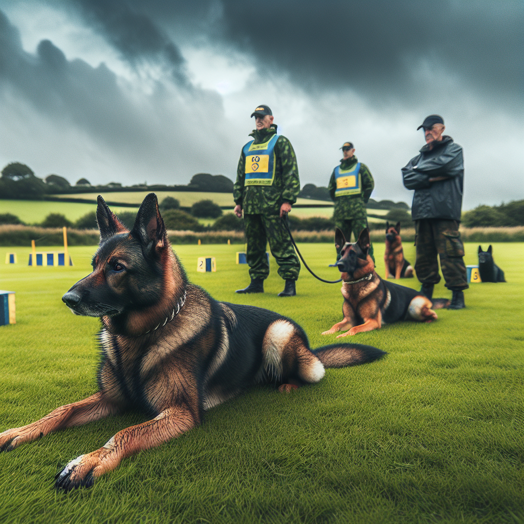 German Shepherd holding a calm IGP long down while another dog works with a helper and judge on a UK field