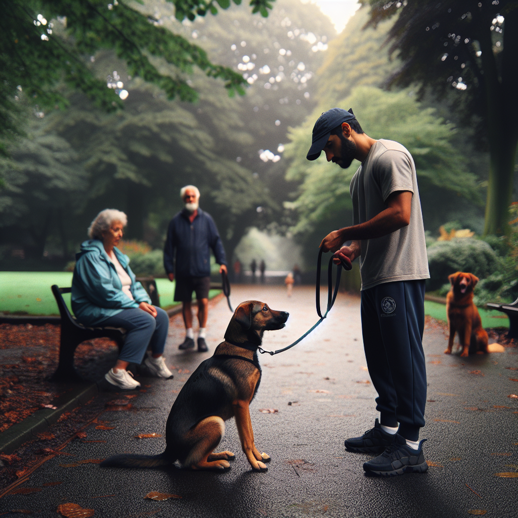 Trainer practising heel and recall with a calm family dog in a leafy UK suburban park