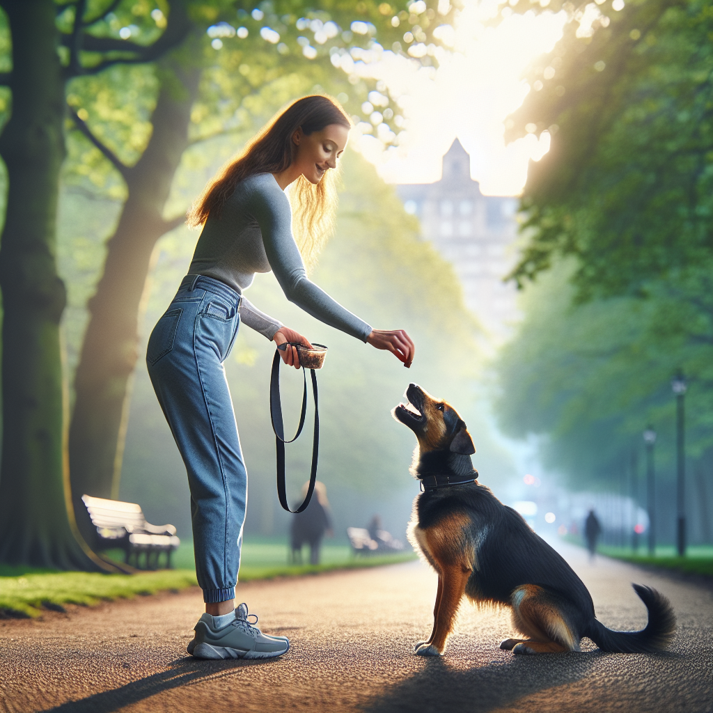 UK trainer rewarding a mixed breed dog for a check-in on a park path with a loose lead