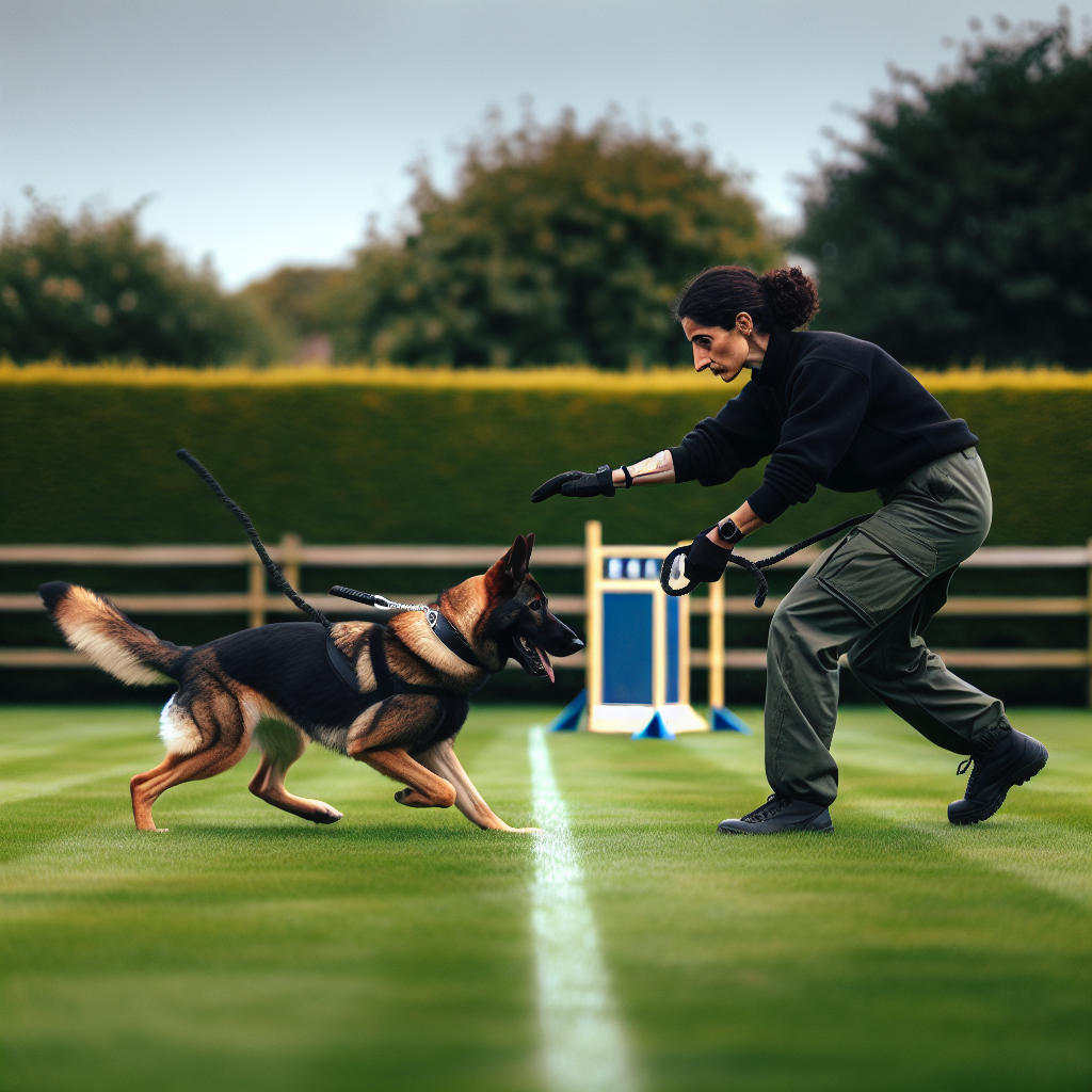 Trainer shaping a precise front to finish exit with a focused working dog on a UK field