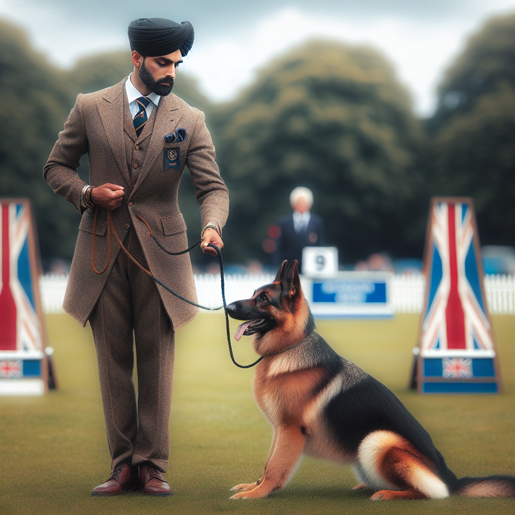 Focused heeling with a German Shepherd beside a UK handler in an obedience ring