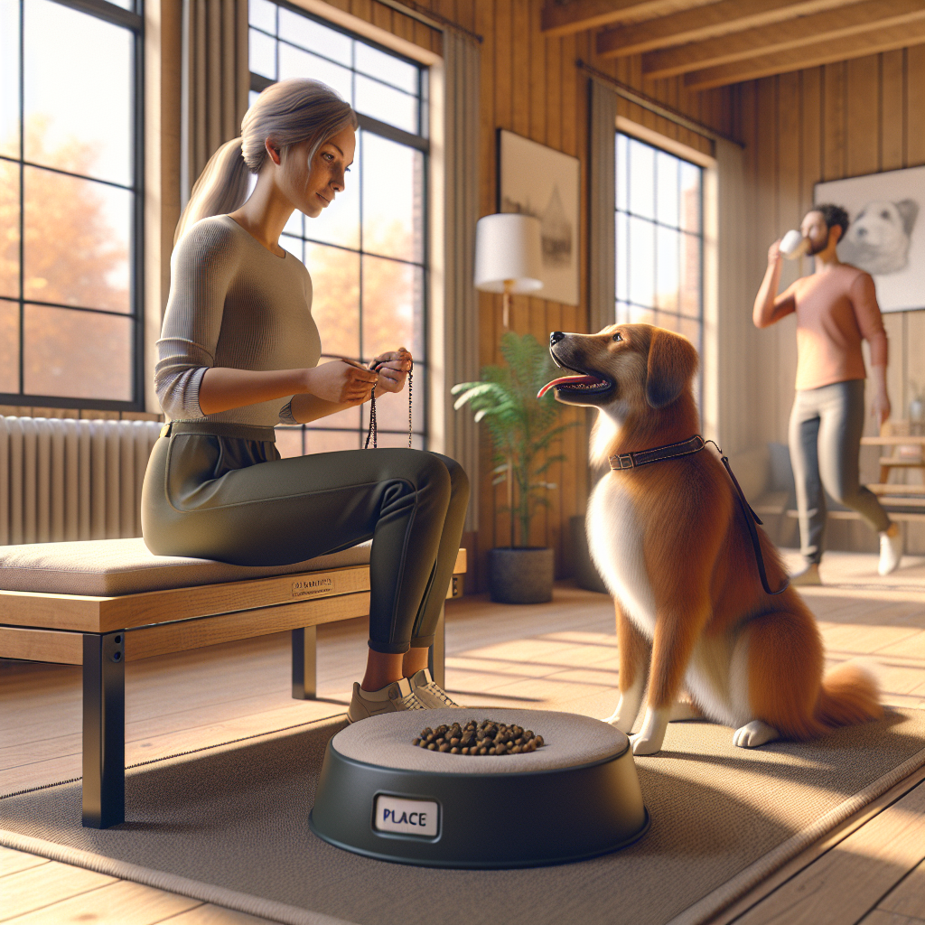 Trainer guiding a dog to hold Place while a person walks by in a UK home, illustrating duration before distraction