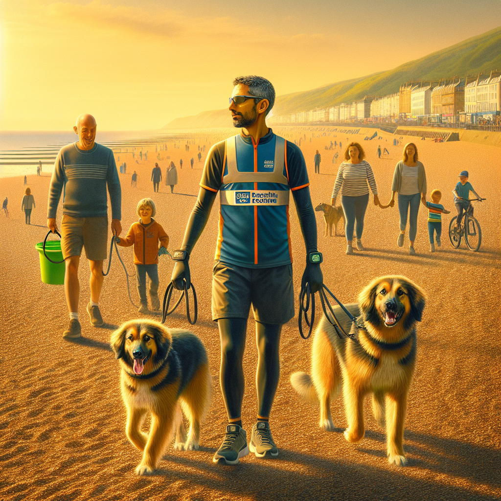 Trainer practising recall and loose lead walking with a mixed-breed dog by a UK seaside promenade