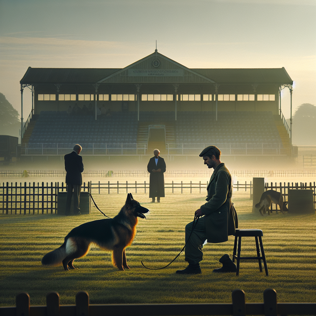 Handler and German Shepherd practising calm heeling on an IGP field with judge and helper in the background