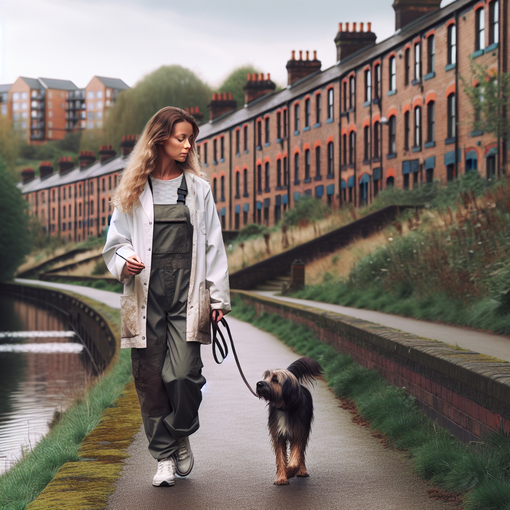 Trainer practising focus with a young dog in an Ashton-under-Lyne park