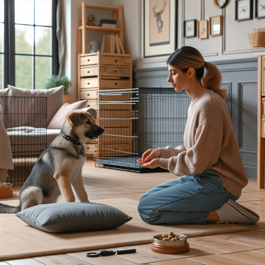 Trainer helping a young dog settle on a Place bed with a crate nearby in a calm UK home