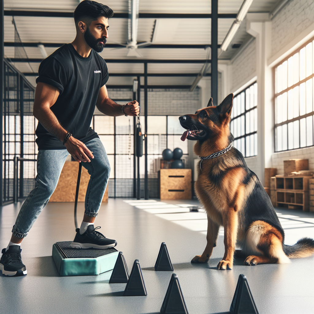 Smart trainer guiding a German Shepherd through front and finish drills with clear markers in a UK training studio