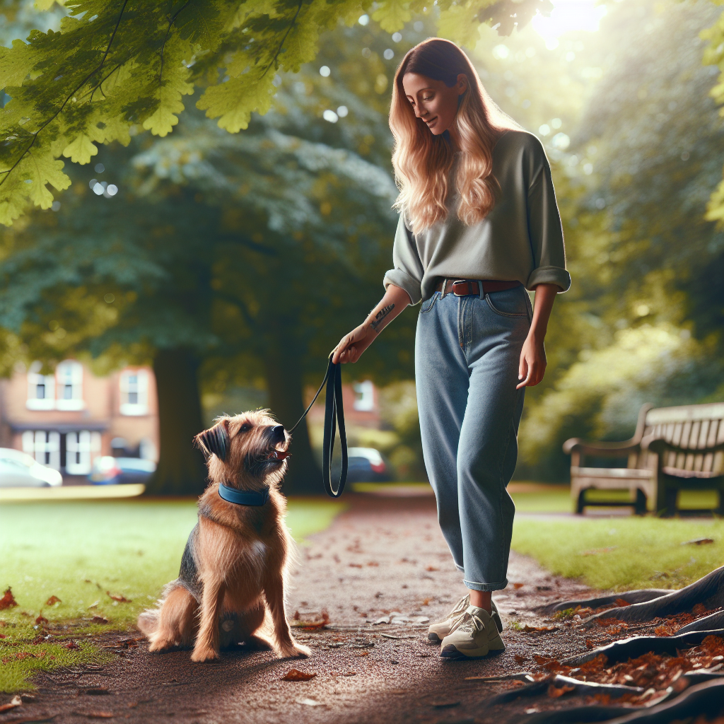 Trainer practising loose lead walking and recall with a mixed breed dog in a leafy Cheshire park
