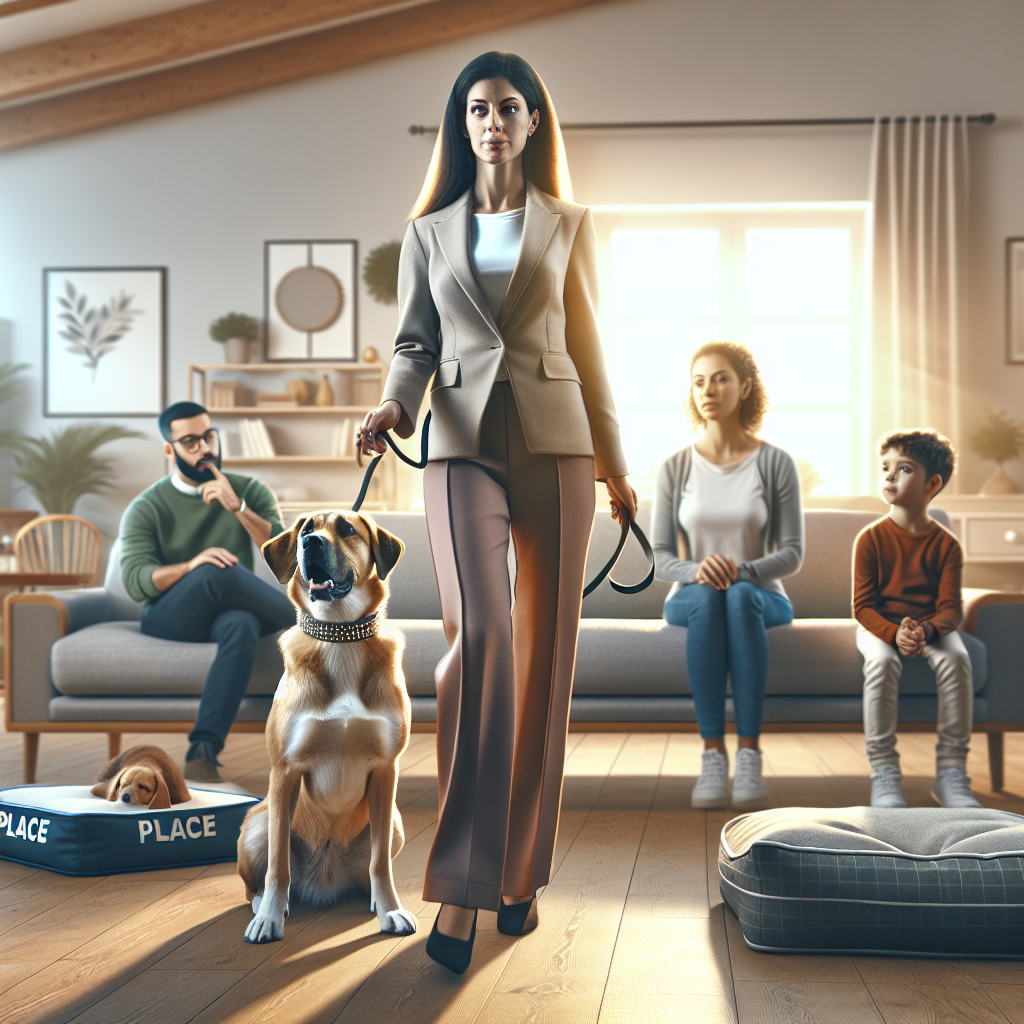 Trainer guiding a calm dog to Place while a family watches in a bright UK living room