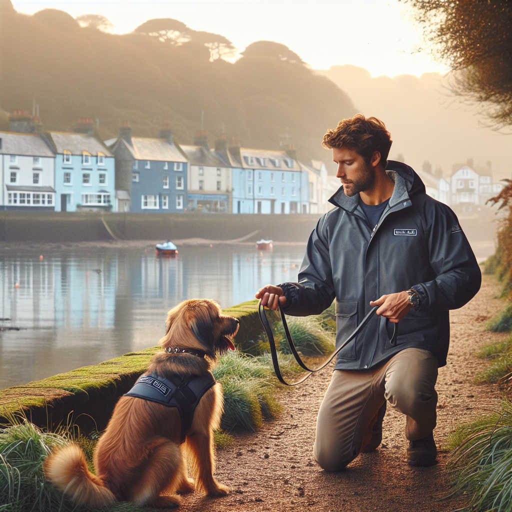 Trainer coaching a mixed breed dog on a calm estuary path near a Devon town