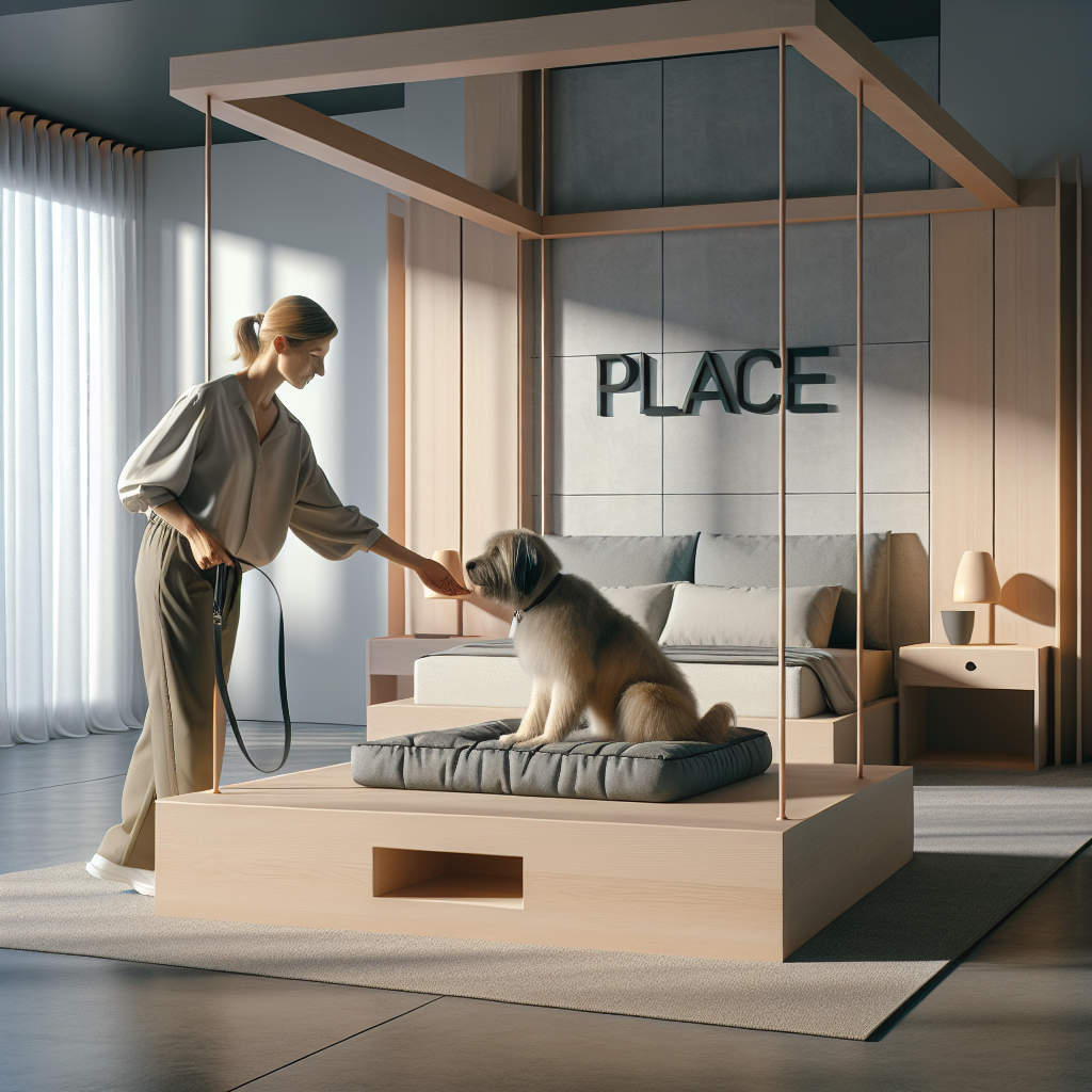 Trainer guiding a mixed breed dog onto a place bed in a calm UK living room during a structure reset