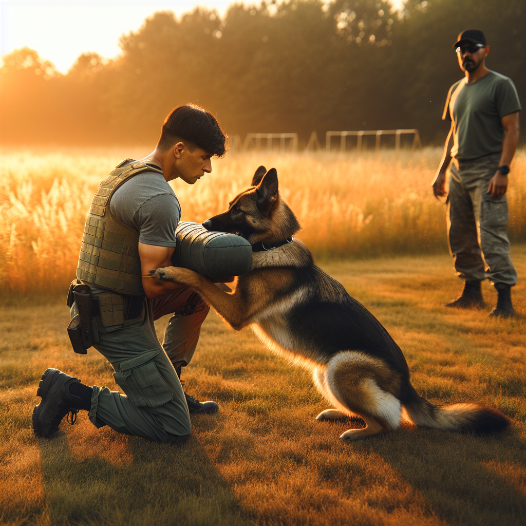 Helper guiding a green German Shepherd to a calm full grip on a soft sleeve during early bitework in a UK training field