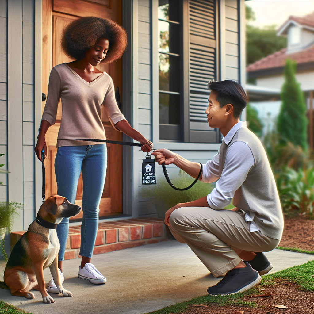 Trainer coaching an owner to clip a lead calmly on a mixed-breed dog at a UK doorway