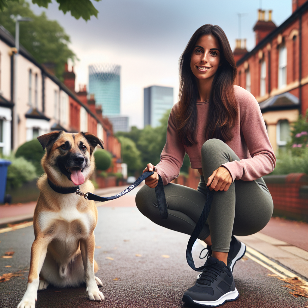 Smart trainer practising loose lead walking with a mixed breed dog on a Coventry street