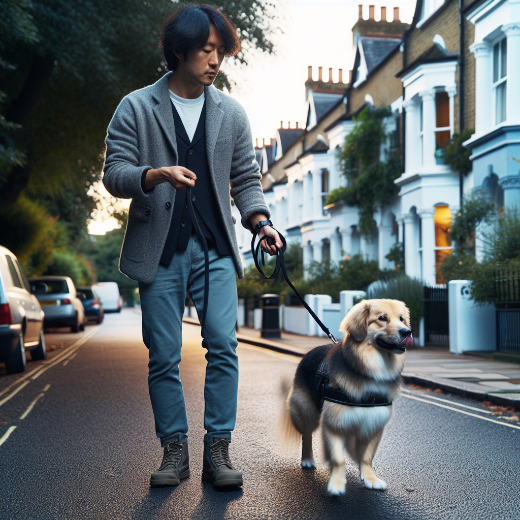Smart Master Dog Trainer teaching loose lead walking with a dog on a leafy Merton street