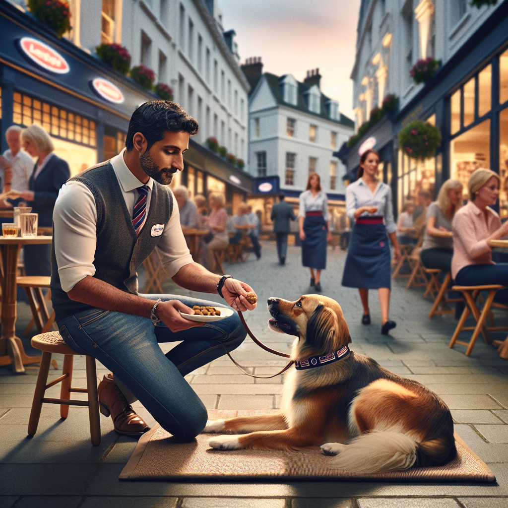 Trainer rewarding a calm down-stay on a mat at a busy UK cafe with people walking by