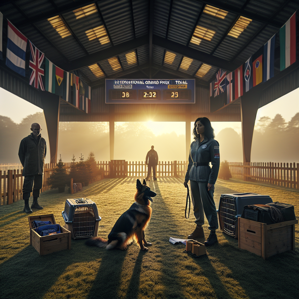 New handler at a UK IGP field with a support team preparing a German Shepherd beside a crate and kit