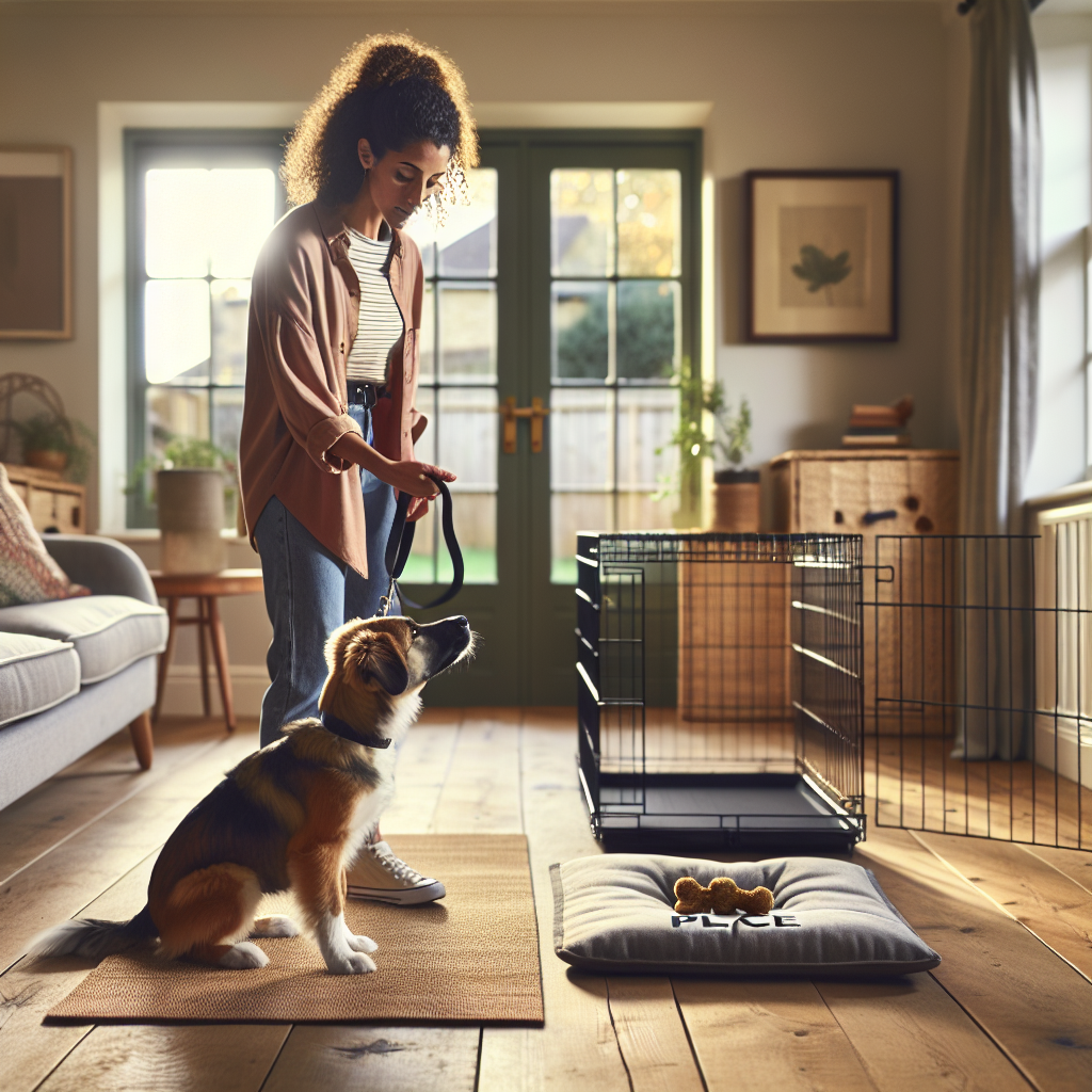 UK trainer guiding a calm mixed-breed dog to settle on a Place bed after training, crate nearby