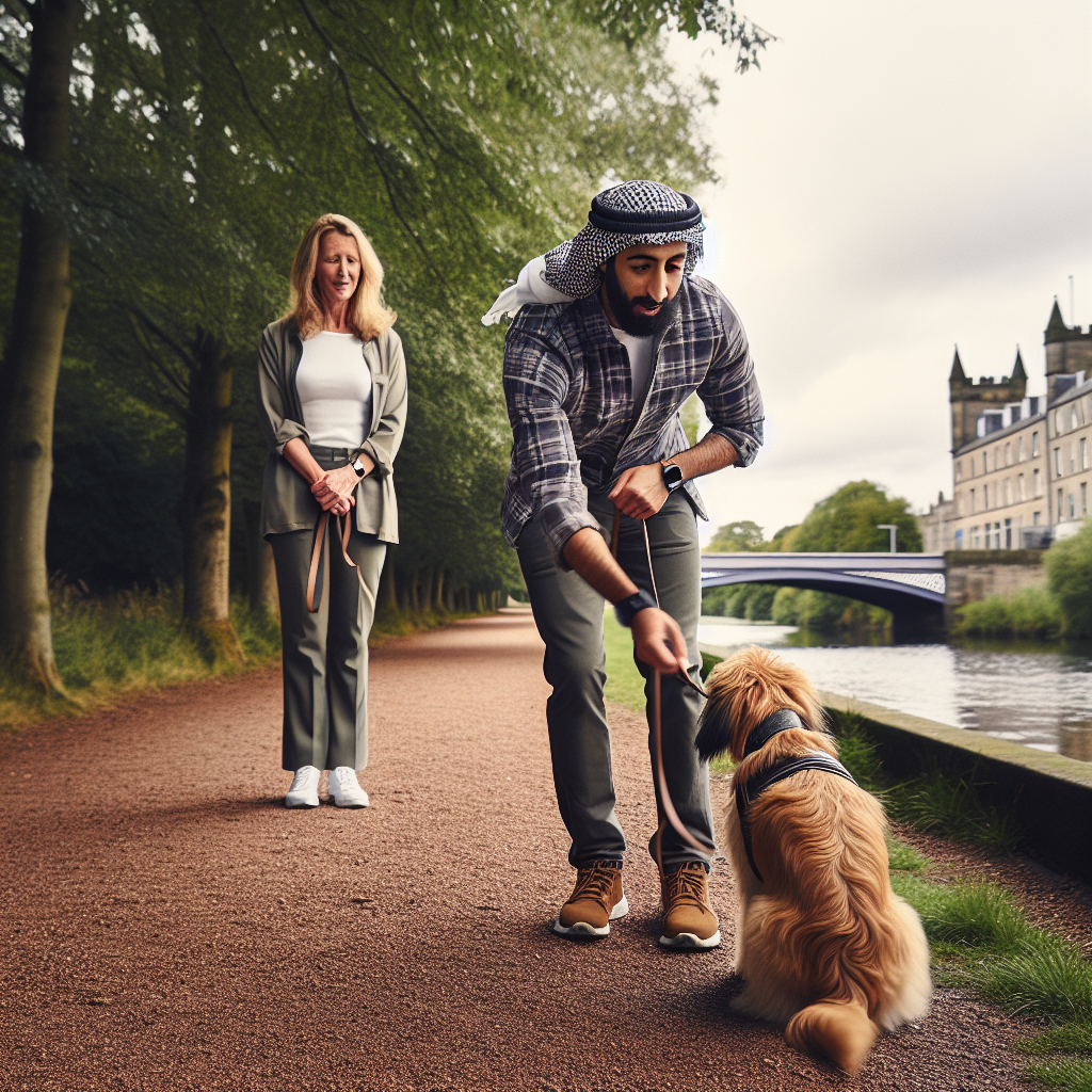 Trainer guiding a mixed breed dog on loose lead walking in a Perth riverside park