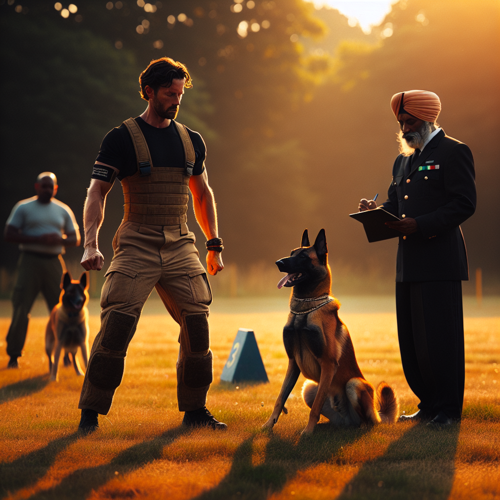 Handler and Malinois heeling with neutral posture on a UK IGP field while a Smart trainer observes