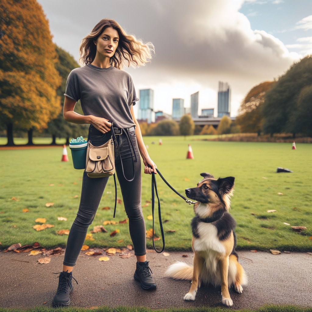 UK dog trainer practising loose lead walking with a mixed-breed in a Manchester park