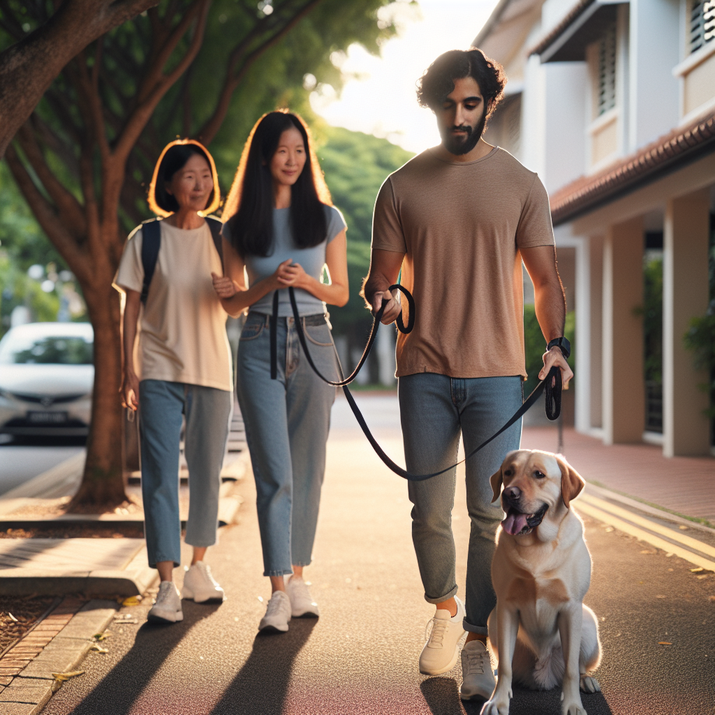 SMDT guiding a family and Labrador on a calm loose lead walk along a UK neighbourhood pavement at sunset