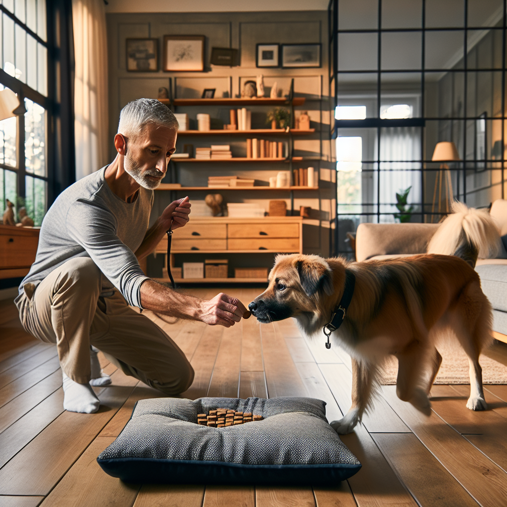 UK trainer guiding a dog to Place with light lead pressure while the dog ignores a treat in a calm living room
