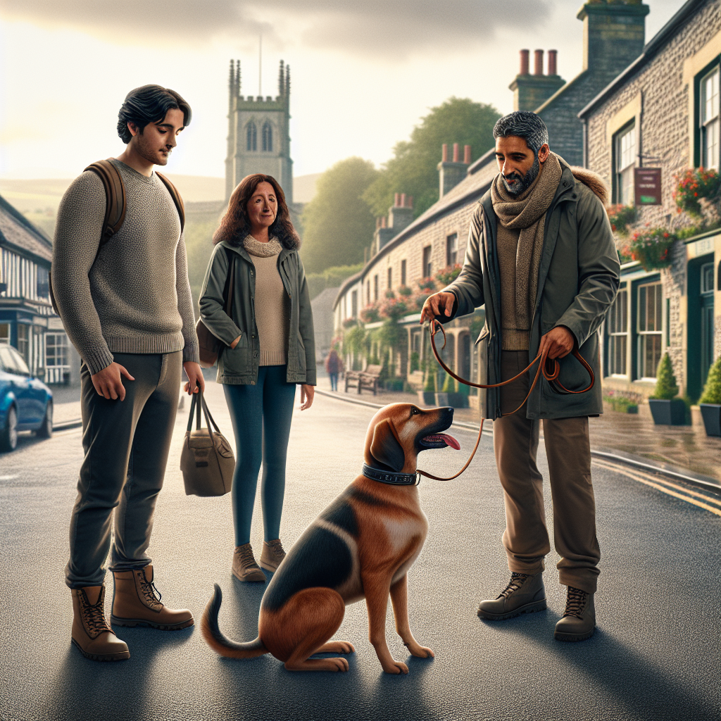 Smart trainer coaching a dog and family on a Leek town street near the moorlands