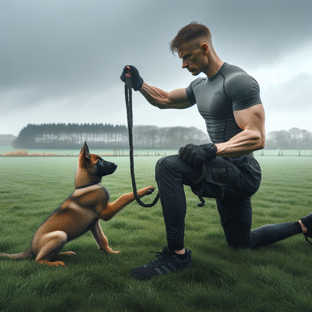 Trainer building a calm full grip with a Malinois puppy on a UK field during IGP foundations