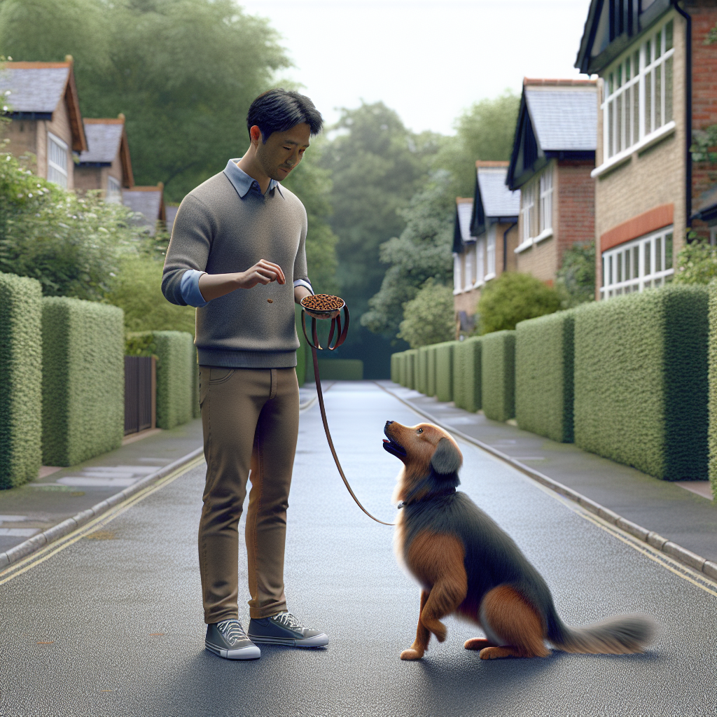 Trainer practising loose lead walking with a mixed-breed dog on a quiet leafy street in Horsham