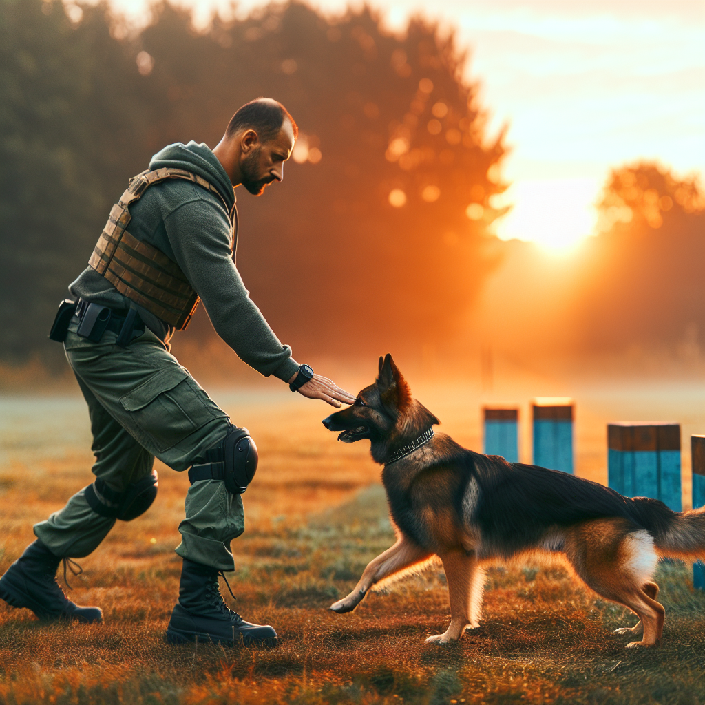 Handler and working dog practising IGP heeling with focused trust on a UK field at sunrise