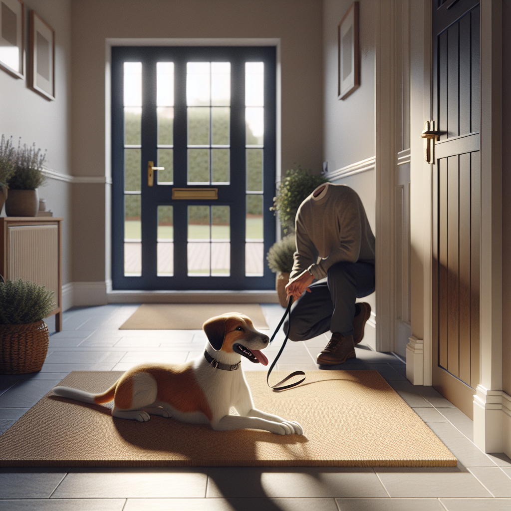 Dog calmly lying on a mat by a door while a trainer clips on a lead in a UK home hallway