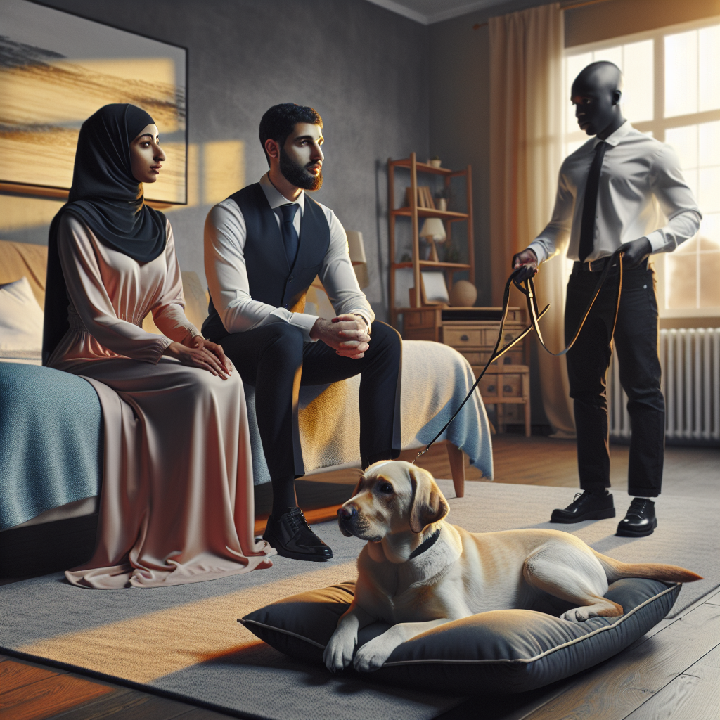 Trainer guiding a family Labrador to a place bed while teaching recall in a UK home