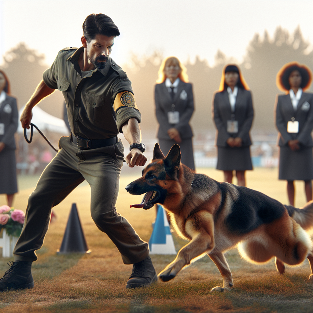 IGP handler and German Shepherd heeling with focus on a UK trial field