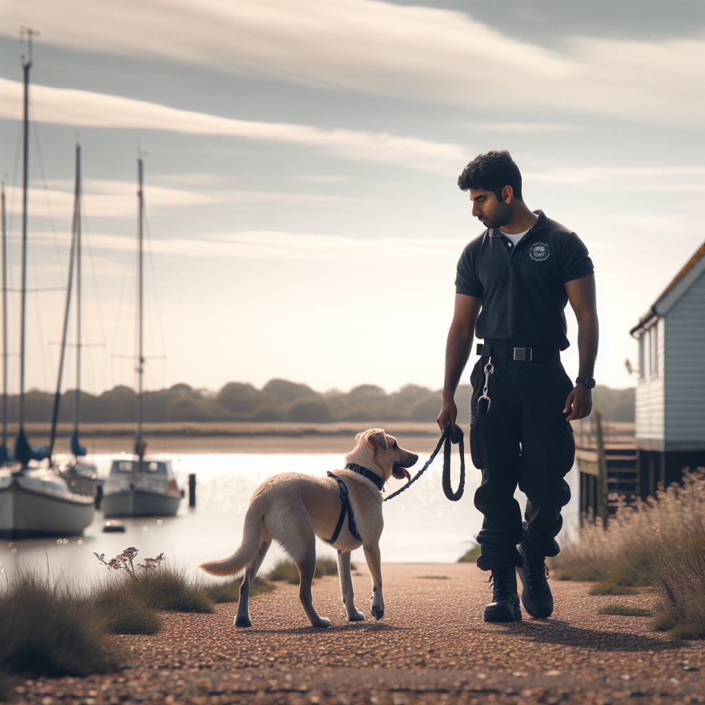 Trainer and dog practising loose lead walking and focus on a riverside path in Maldon