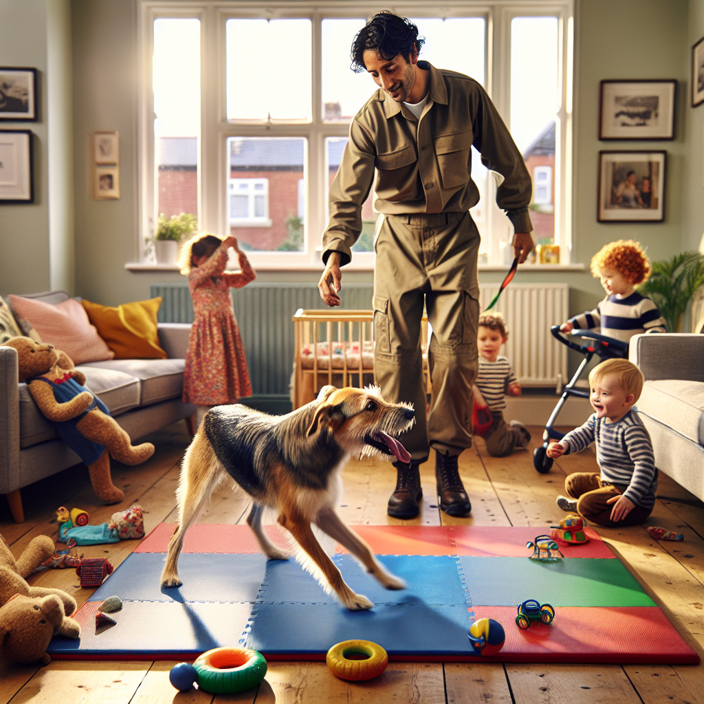 Smart trainer guiding a dog to place in a busy UK family living room with children nearby