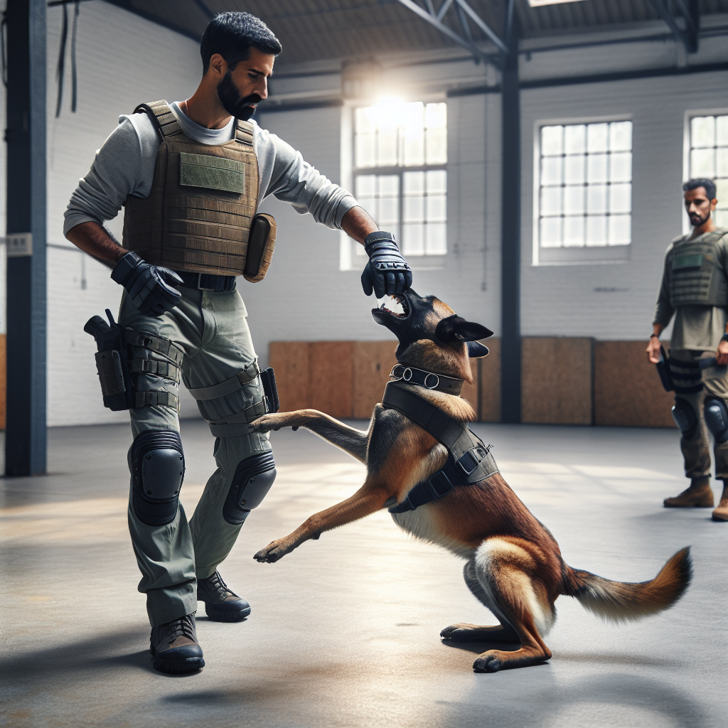 UK trainer guiding a Belgian Malinois to cleanly out from a bite pillow with a neutral decoy nearby