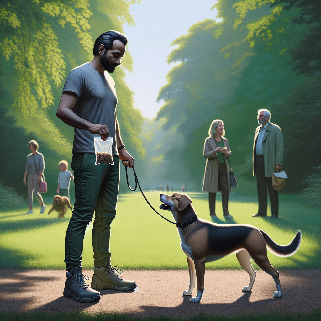 Trainer rewards a medium dog for outdoor eye contact and focus in a UK park