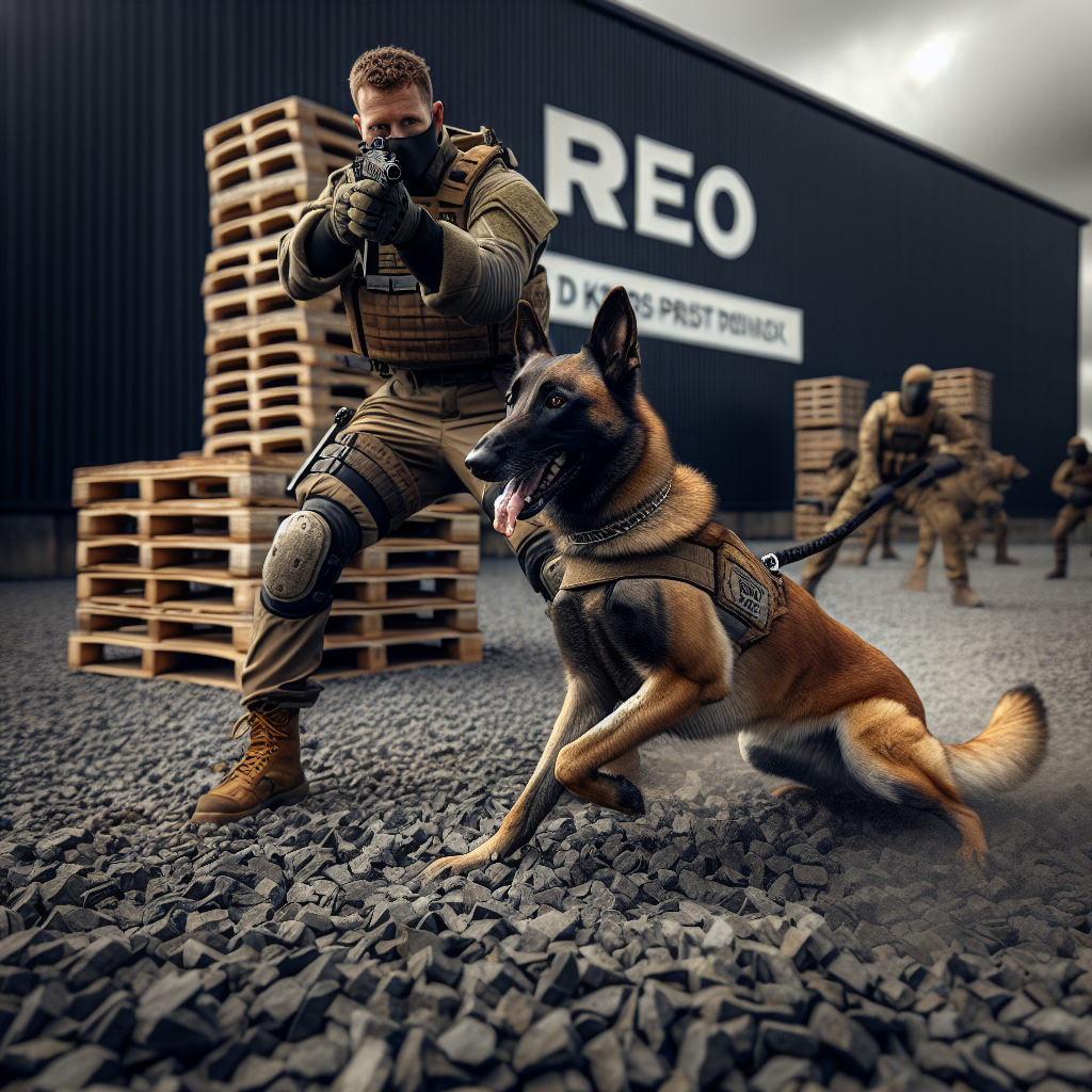 Malinois practising protection on gravel and pallets with trainer and decoy in a UK field