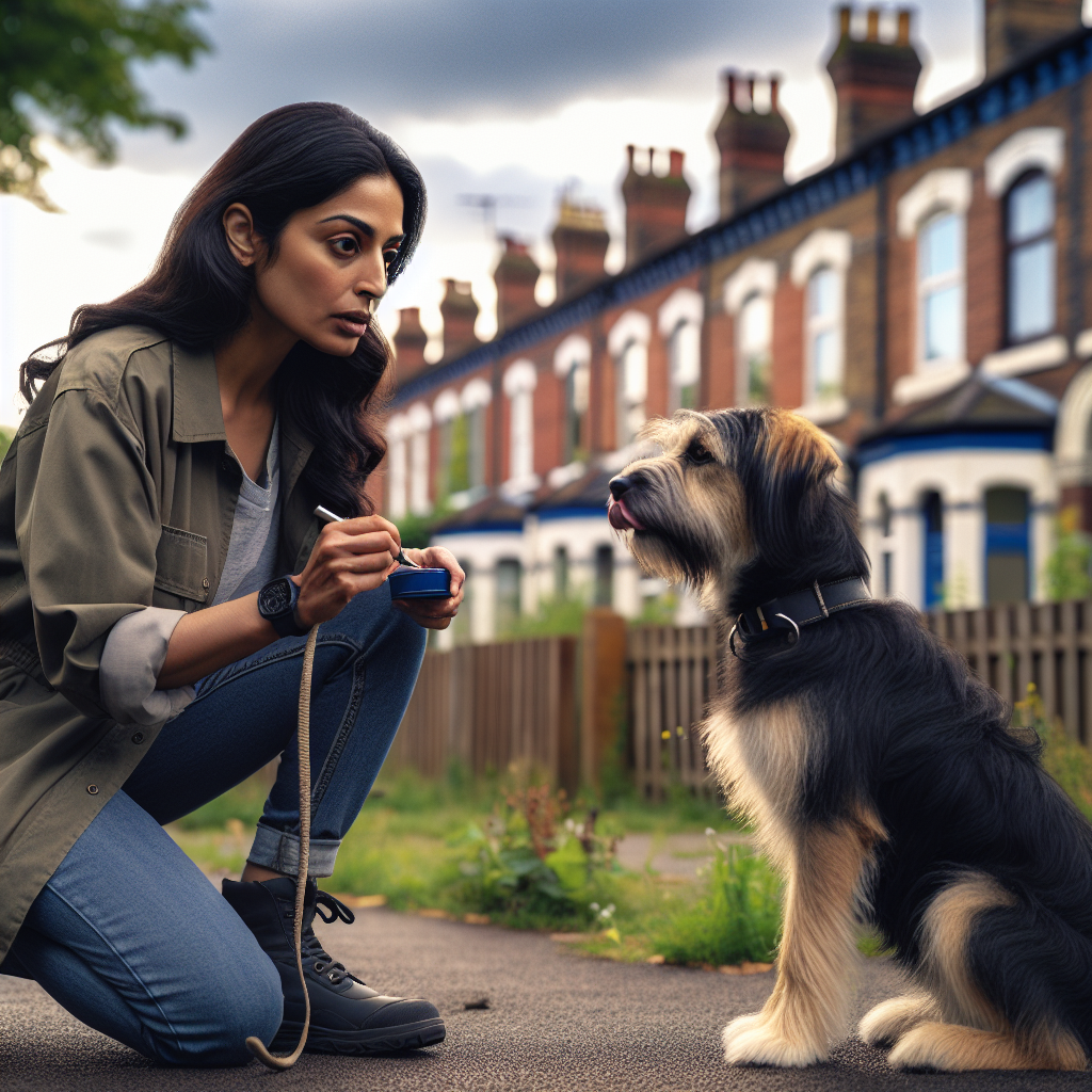 Smart trainer teaching focus to a mixed breed dog in a Bloxwich green space with homes in the background
