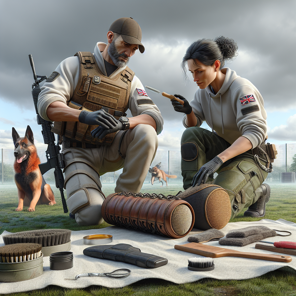 IGP decoy and handler inspecting a bite sleeve with gear care tools on a UK training field