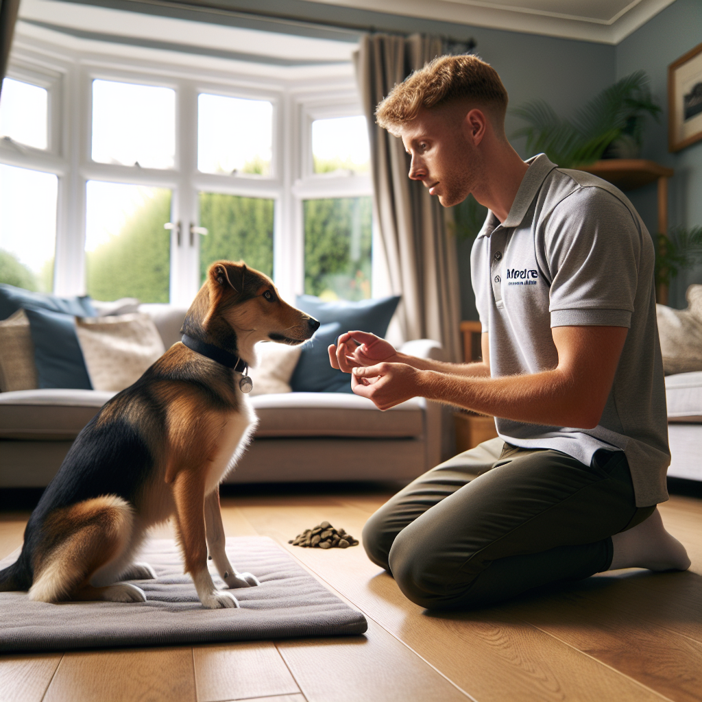 UK trainer guiding a dog to lie down and wait on a mat with calm reward placement in a bright living room