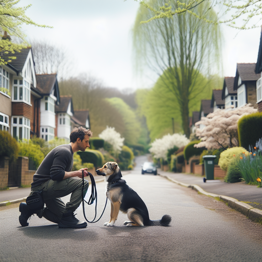 Trainer coaching a mixed-breed dog on loose-lead heel and sit-stay in a leafy Leyland street