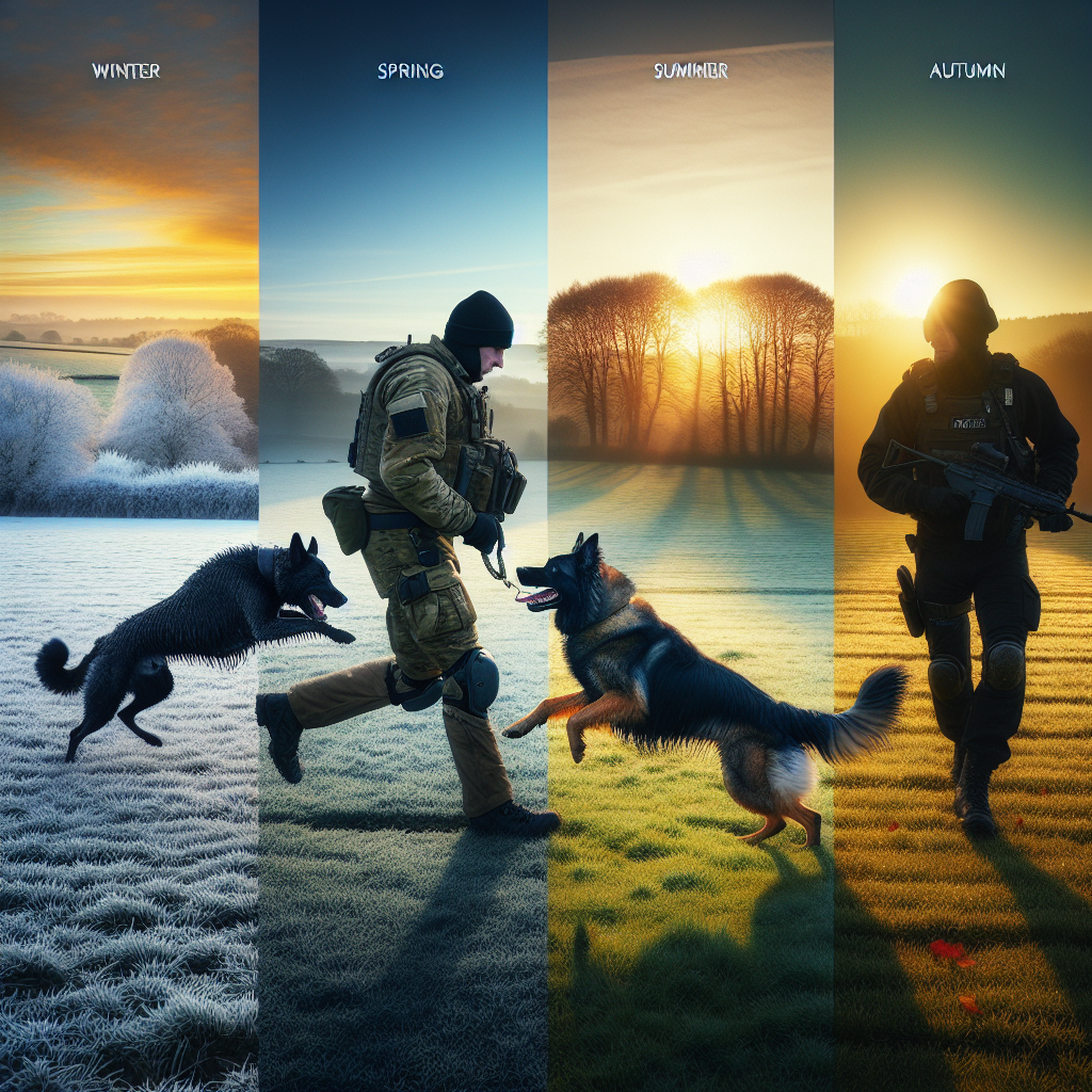 IGP handler and working dog training through winter, spring, summer, and autumn scenes in the UK