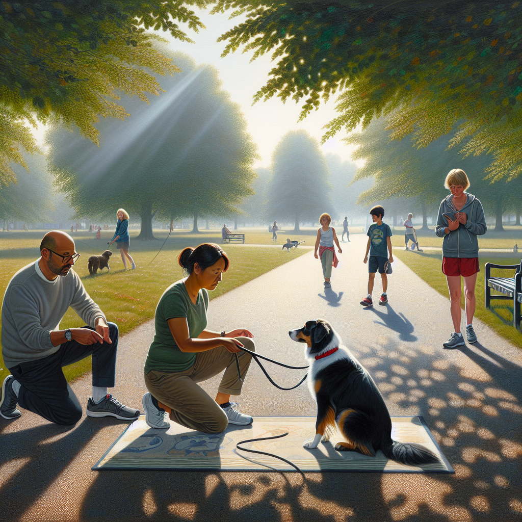 Calm dog holding a down stay in a UK park while a trainer coaches the owner with joggers passing by