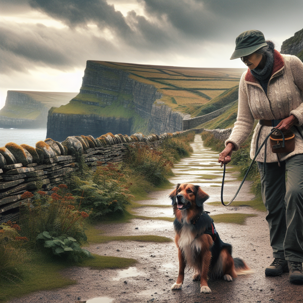 Trainer practising loose lead walking with a focused dog on a narrow coastal path near moorland