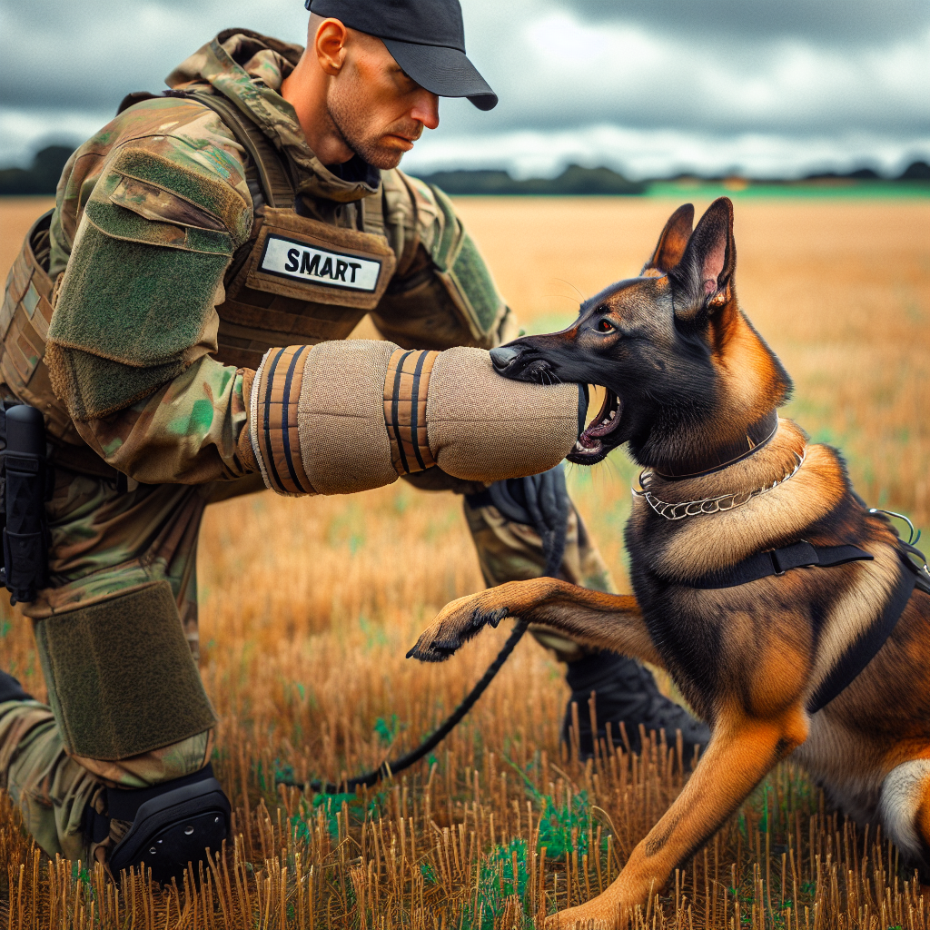 Young Malinois driving to a forearm sleeve with helper presentation and calm full grip on a UK training field