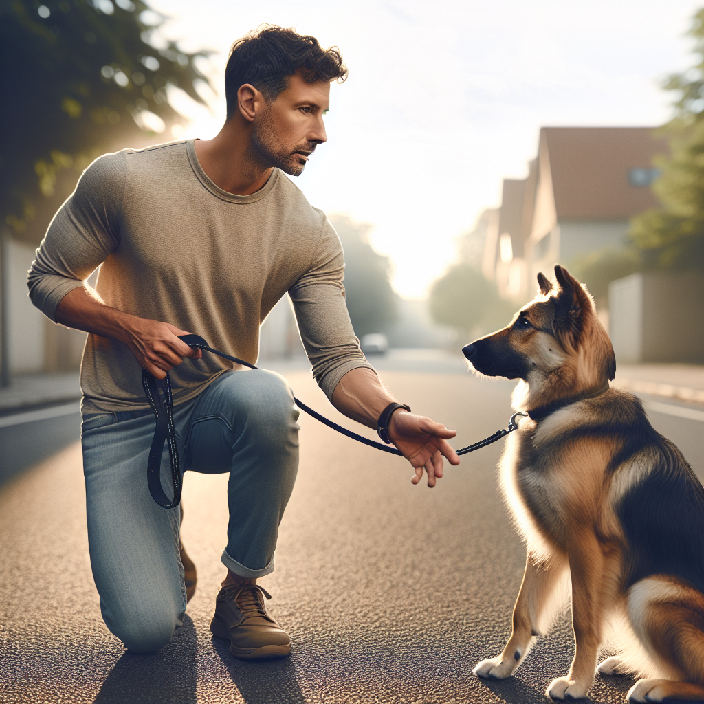 Trainer guiding a shepherd mix into heel with gentle leash pressure on a quiet UK street