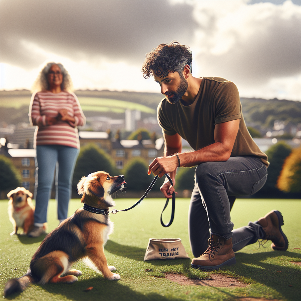 Trainer guiding a mixed breed dog on loose lead and recall practice in a Bradford park
